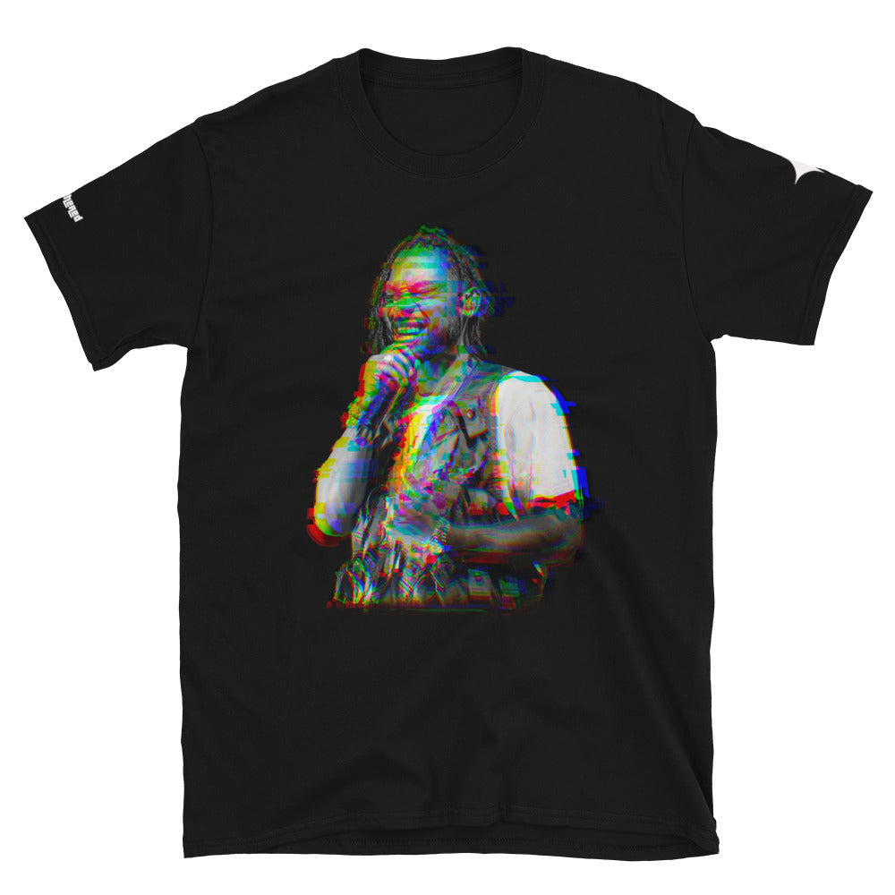 Black graphic t-shirt with music-inspired glitch effect design, unisex t-shirt for casual and streetwear fashion.