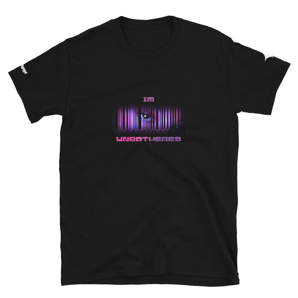 Black t-shirt with a neon graphic text design featuring the words 'I'm Unbothered' in purple and pink hues on a dark background.