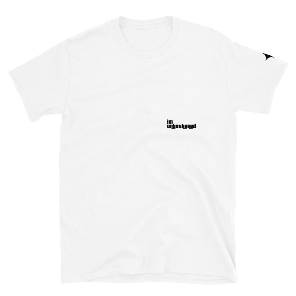 White unisex t-shirt with 'im unbothered' text design on the front and a small black star logo on the sleeve